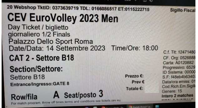 Biglietto Eurovolley CEV Men Semifinals PALAUER Roma 14.09.2023