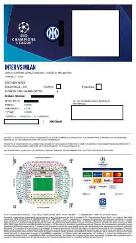 Biglietto Inter - Milan 16 maggio 2023 Uefa Champions League