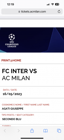 Biglietto Inter Milan settore ospiti