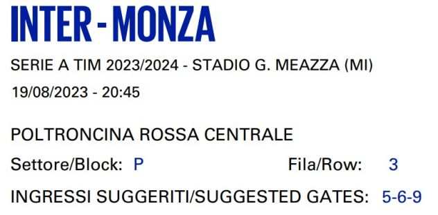 Biglietto Inter-Monza Poltroncina rossa P