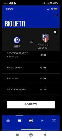 Biglietto Inter vs Atletico prezzo di listino 1ordm blu