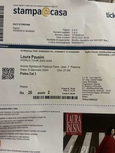 Biglietto Laura Pausini Padova 06-01-24