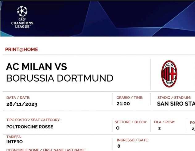 biglietto Milan - Borussia Dortmund