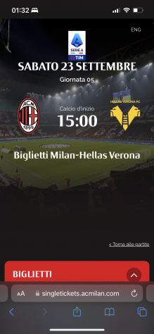 Biglietto Milan - Hellas Verona - PRIMO ARANCIO LAT. SET 168 Sab 2309 Ore 15.00