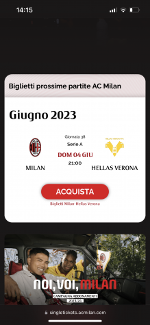 Biglietto Milan - Verona 040623 ore 21.00 Terzo Rosso Centrale