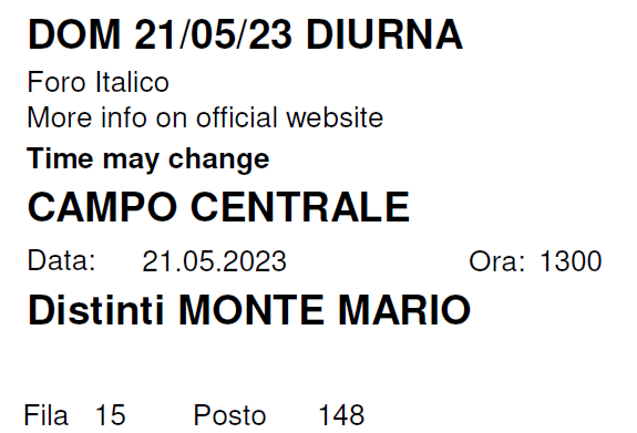 Biglietto per Finale Internazionali Tennis Roma Distinti Monte Mario