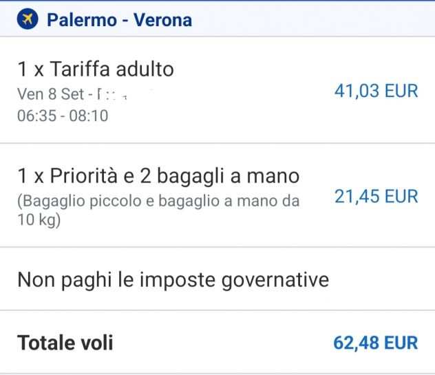 Biglietto prioritario aereo Palermo - Verona dell 08092023