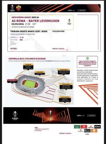 Biglietto Roma-Bayer Leverkusen Europa League 020524 MONTE MARIO CENT.NORD