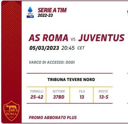 Biglietto Roma - Juventus 5 Marzo