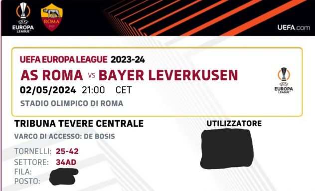 Biglietto Roma Leverkusen Semi Finale Europa League. Settore TEVERE CENTRALE