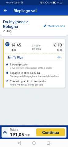 Biglietto Ryanair Mykonos - Bologna