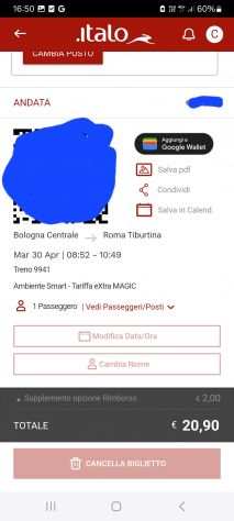 Biglietto treno Bologna- Roma martedigrave 30 aprile ore 852 a 20 euro