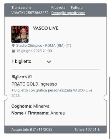 Biglietto Vasco - 16 giugno - Roma - prato gold