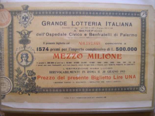 Biglietto vintage grande lotteria italiana Palermo anno 1915
