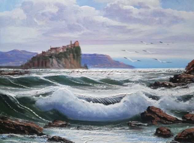 Bruno Di Giulio 40x50 olio su tela mareggiata a ischia golfo di napoli