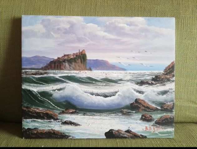 Bruno Di Giulio 40x50 olio su tela mareggiata a ischia golfo di napoli