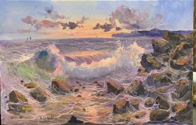 Bruno Di Giulio olio su tela 40x80 mareggiata al tramonto