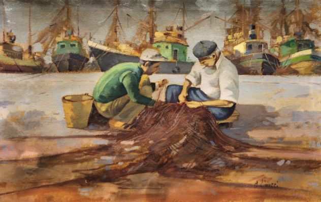Bruno Linucci pittore olio su tela pescatori