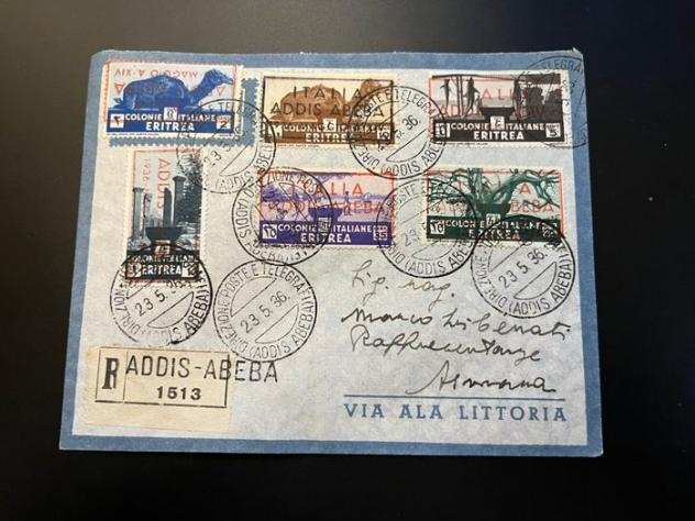 Busta postale - EtiopiaEritrea viaggiata francobolli con impronte ITALIA ADDIS ABEBA MAGGIO A.XIV Rara