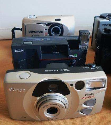 Canon, Chinon, Konica, Minolta, Nikon, Olympus, Ricoh, Pentax 35mm autofocus cameras (8 compact with viewfinder and 1 with rangefinder). Fotocamera an