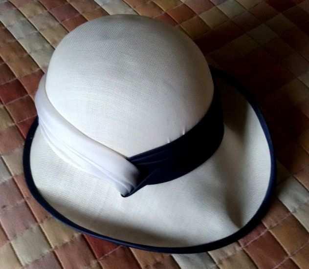 Cappello donna paglia anni 70 bianco con banda blu
