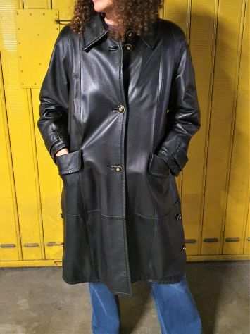 Cappotto, trench lungo in pelle nera, vintage