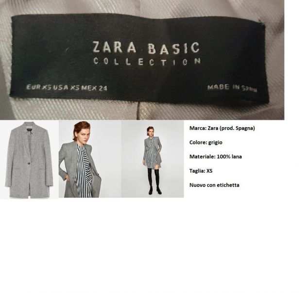Cappotto Zara grigio, tg. XS, 100 lana, NUOVO CON ETICHETTA