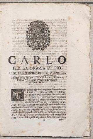 Carlo VII Borbone Re delle due Sicilie, Napoli - Documento - Editto - 1751