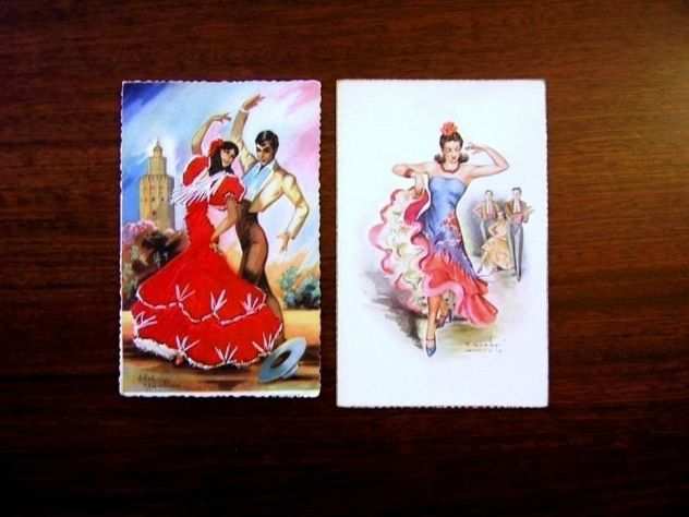 Cartoline darte vintage Spagna Flamenco abito ricamato ELSI GUMIER