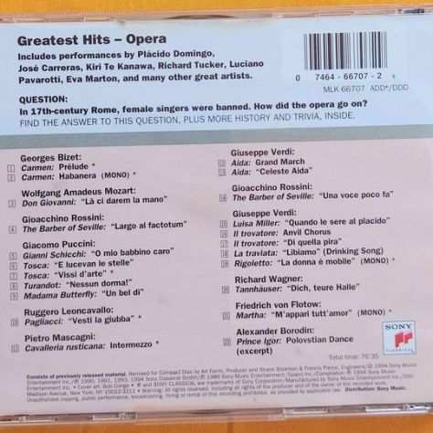 CD Greatest Hits Opera EtichettaSony Classical ndash MLK 66707 come nuovo