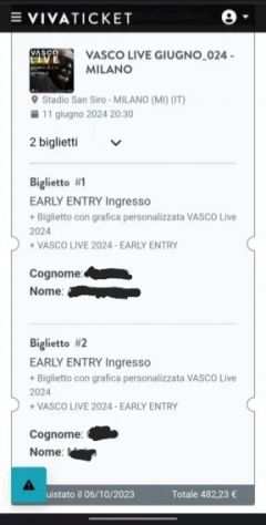 Cedo 2 biglietti concerto Vasco Milano 2024