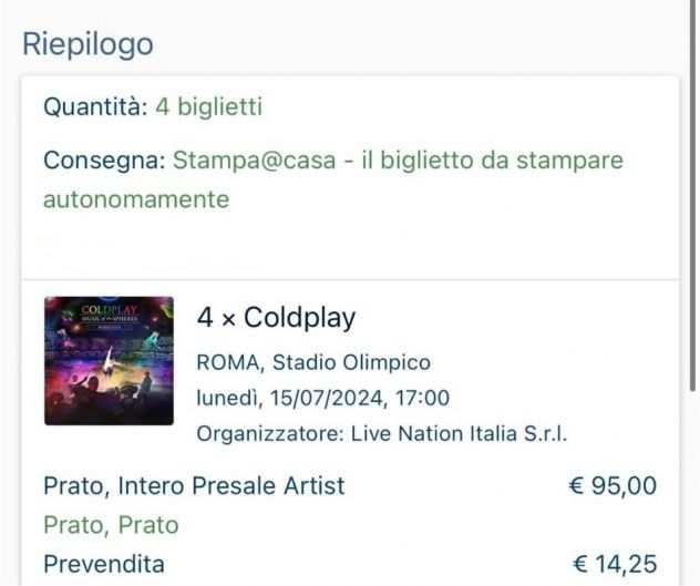 Cedo 2 biglietti per concerto Coldplay a Roma