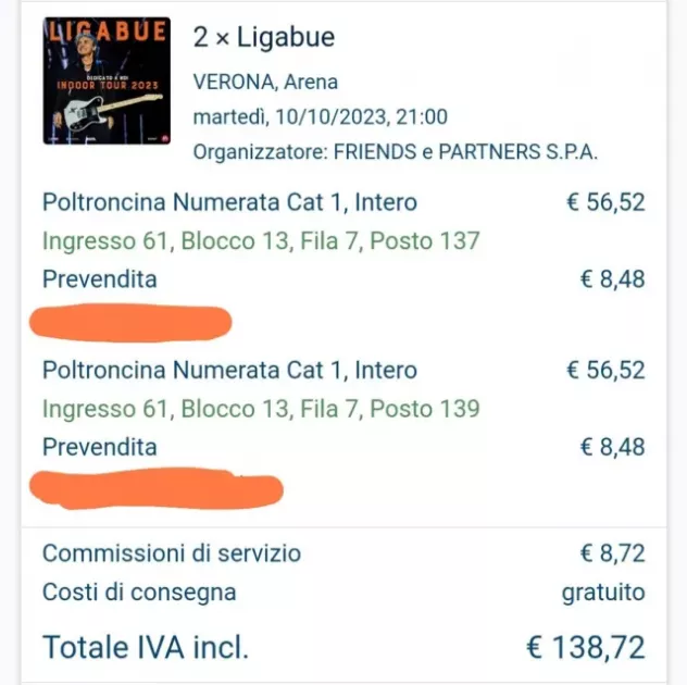 Cedo due biglietti concerto di Ligabue Arena di Verona