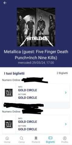 Cedo due biglietti concerto Metallica a Milano
