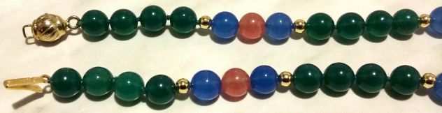Collana di perle in agata verde, agata blu, rodocrosite chiusura argento dorato