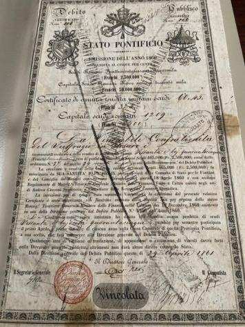 Collezione di obbligazioni o azioni - Certificato di Debito Pubblico dello Stato Pontificio emesso nel 1860