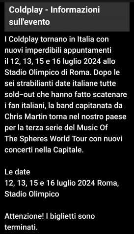 Concerto Coldplay - Roma 15 luglio 2024