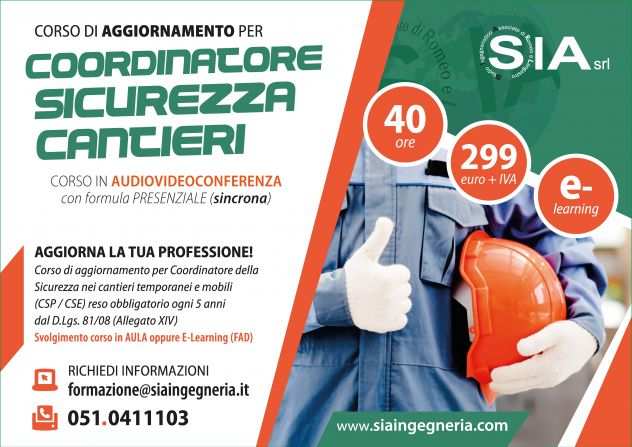 Corso Aggiornamento Coordinatore Sicurezza Cantieri 40 ore