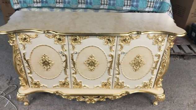 Credenza tre ante avorio foglia oro stile barocco salone soggiorno con spedizion
