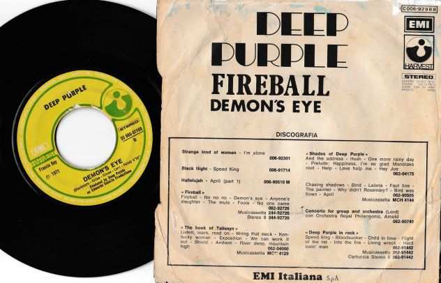 DEEP PURPLE - Fireball  Demons Eye - 7  45 giri 1971 EMI Italy