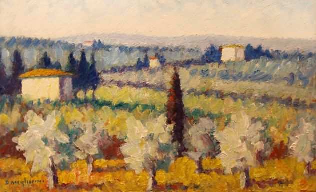 Dino Migliorini pittore olio su faesite panorama Toscano