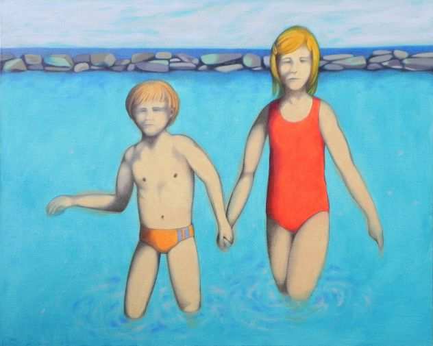 Dipinto ad olio su tela, bambini al mare.