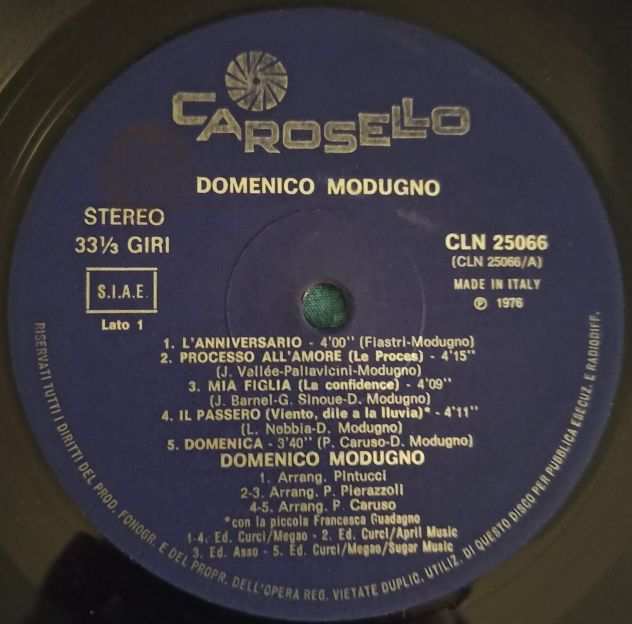 Disco vinile LP 33 giri, artista Domenico Modugno quot Caroselloquot