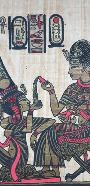Disegni di arte egizia su carta di Papiro Tutankhamon e Ankhesenamon