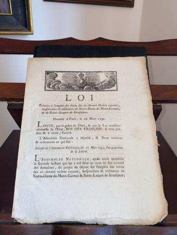 Documento - Assembleacutee Nationale francaise - Loi Roi Louis XVI Deacutecret Ordres royaux Hospitaliers amp Militaires Notre-Dame - 1792