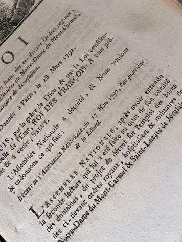 Documento - Assembleacutee Nationale francaise - Loi Roi Louis XVI Deacutecret Ordres royaux Hospitaliers amp Militaires Notre-Dame - 1792