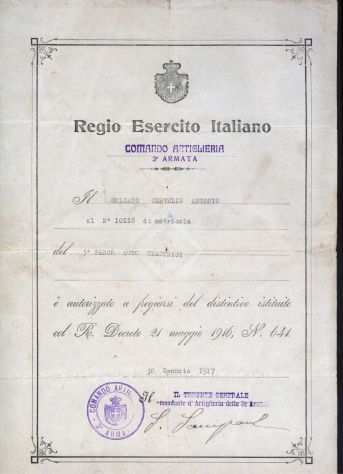 Documento del regio esercito italiano, 1917