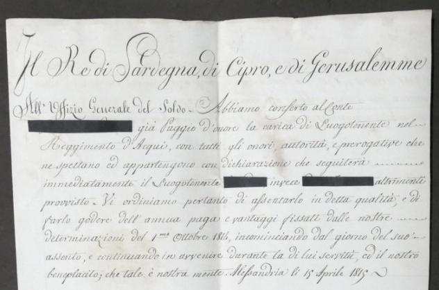 Documento - Regno di Sardegna - Manoscritto con autografo di Re Vittorio Emanuele I di Savoia - 1815