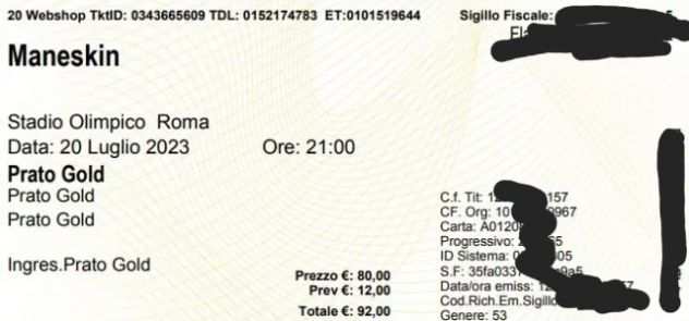 Due biglietti PRATOGOLD per concerto dei Maneskin Roma