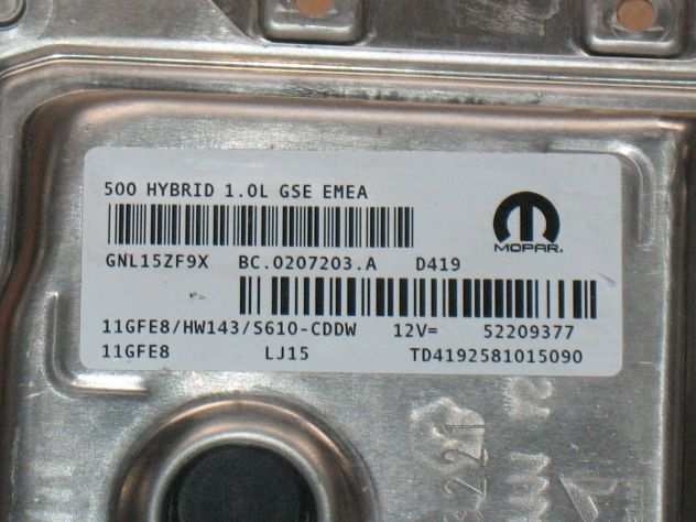 ECU CENTRALINA FIAT 500HYBRID 1.0L GSE EMEA 52209377 11GFE8 HW143 S610-CDDW